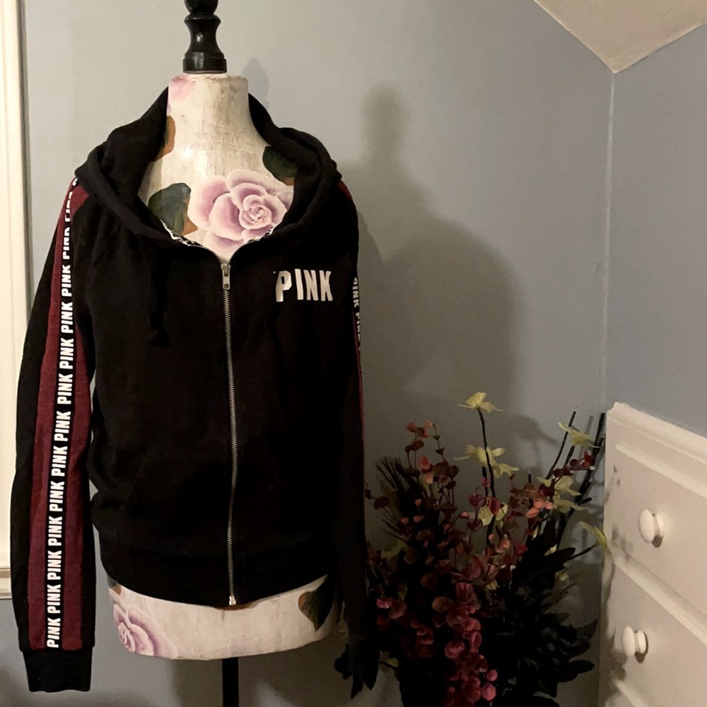 Victoria’s Secret Pink Black and Maroon Logo Stripe Zip Hoodie